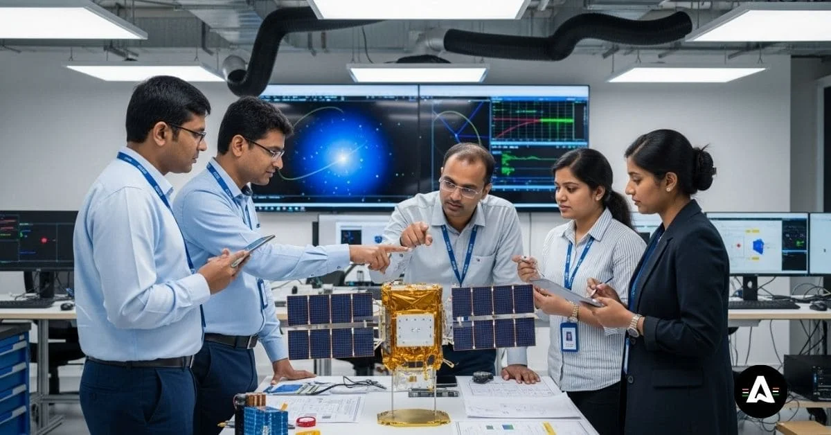 indian-space-tech-engineers-discuss-satellite-model